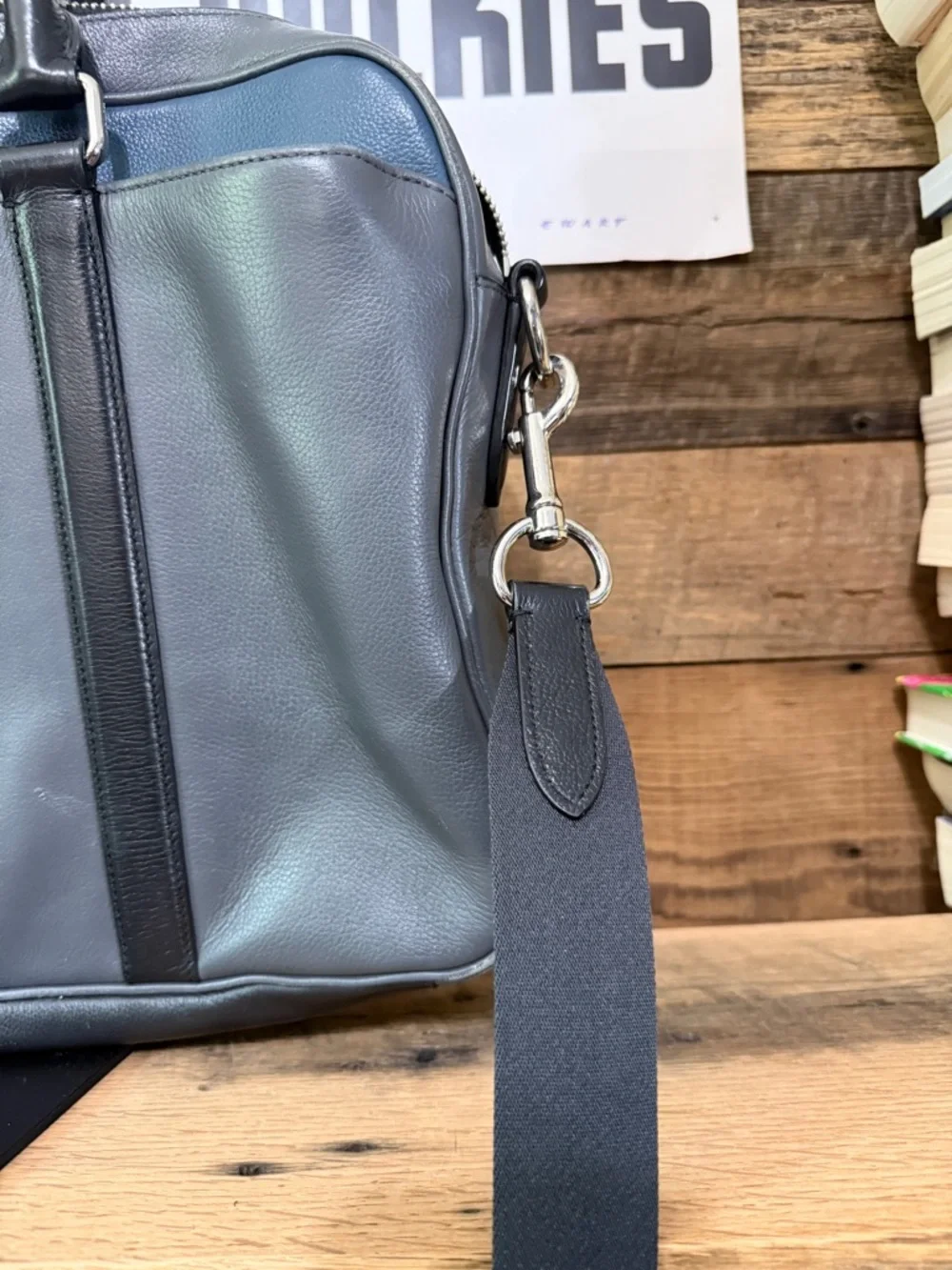 Coach Gray Leather Brief Bag with Blue Trim